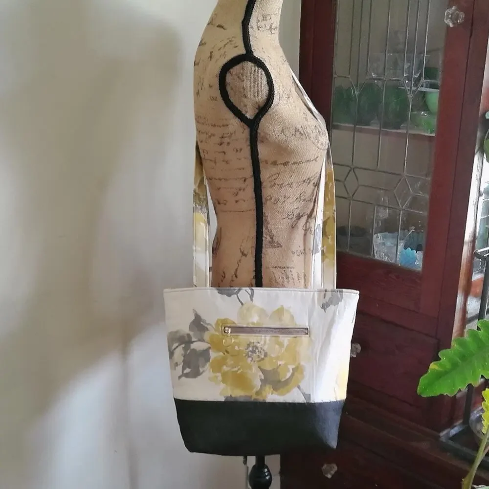 Handcrafted Fabric Purse Cream Artisan Carryall Tote Floral Denim Shoulder Bag
